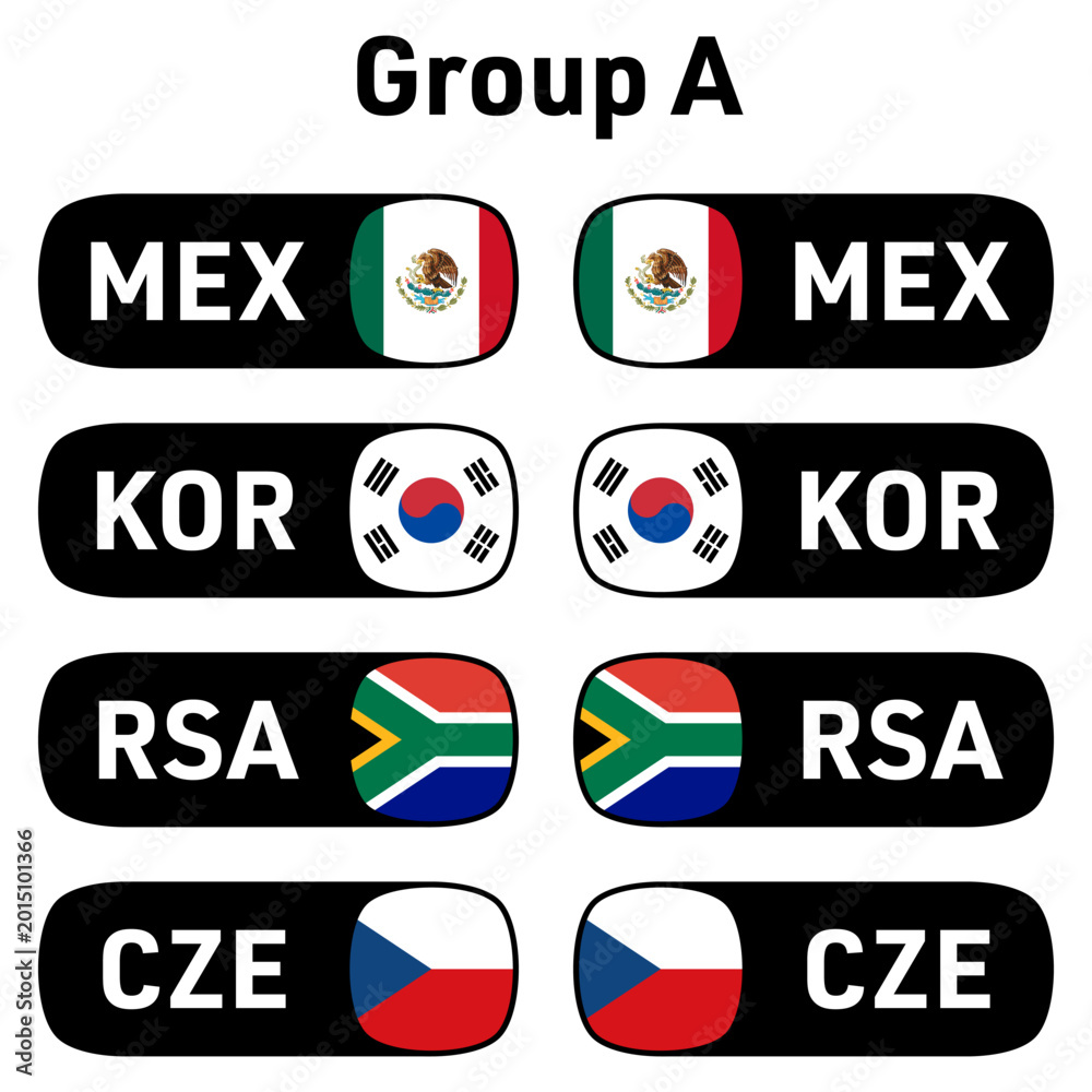 Fototapeta premium National flags and country codes participating teams in group A Mexico, South Korea, South Africa, Czech Republic ready-to-use for 2026 world football soccer tournament media with rounded rectangle