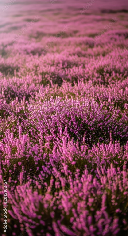 Obraz premium Wild pink and purple heather blossoms blooming across a vast, rugged natural landscape under bright sunlight, symbolizing resilience and wild growth, daylight, detail, moorland