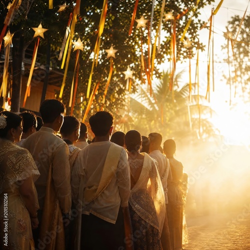 Filipino people in traditional attire walking under parol decorations during sunset