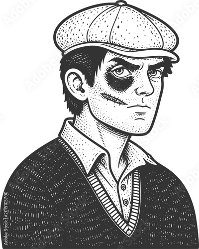 Photos Vintage Newsboy Man Portrait Line Art Vector Illustration