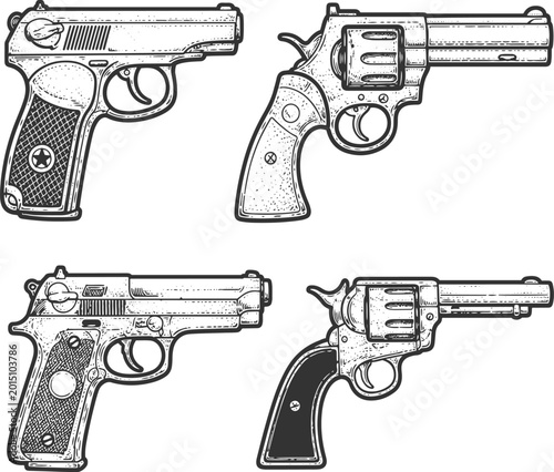 Foto Vintage Firearm Pistol and Revolver Outline Illustration Vector