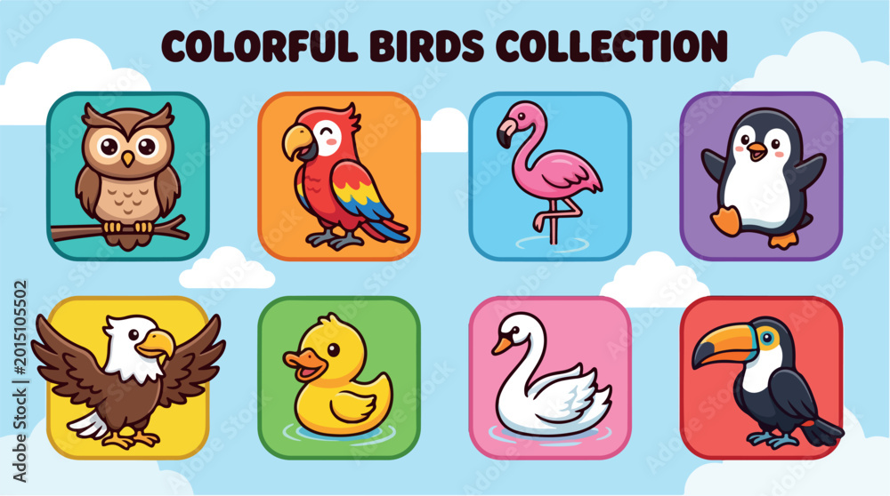 Fototapeta premium Colorful birds collection, set of 8 cute avian vector icons, cartoon bird characters including owl, parrot, flamingo, penguin, eagle, duck, swan, and toucan