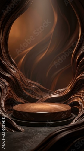 Product display podium background with abstract brown wavy shapes, cinematic lighting, Generative AI.