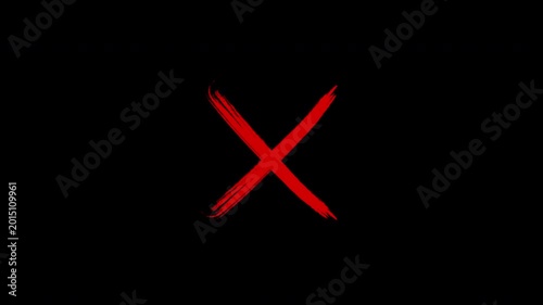 Hand-drawn red x mark animation on transparent background, grunge brush stroke cross symbol. 4k video