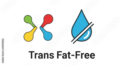 Trans fat-free label featuring a colorful abstract molecule and a blue water drop symbol crossed out on a black background