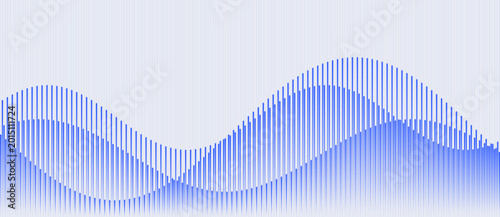 Obraz na płótnie Blue vertical rounded bar strokes of varying heights creating an illusion of three intersecting sinusoidal waves across the full frame on light gray background, minimal vector art