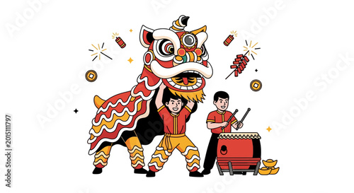 Vibrant illustration of a traditional Chinese New Year lion dance performance with drummers, firecrackers, and gold ingots, celebrating cultural festivities.