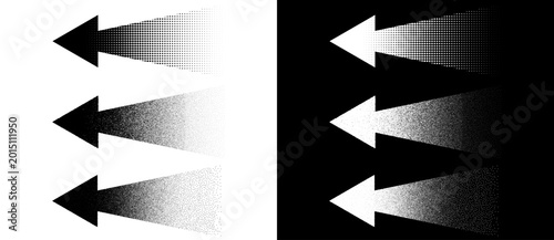 Photos Three left-pointing arrows with solid heads and stipple halftone dissolving tails in three shape variations on white and black backgrounds, monochrome vector icon set