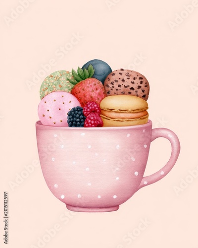 Warmth and peace watercolor tea cup with desserts and cookies design in a cozy environment
