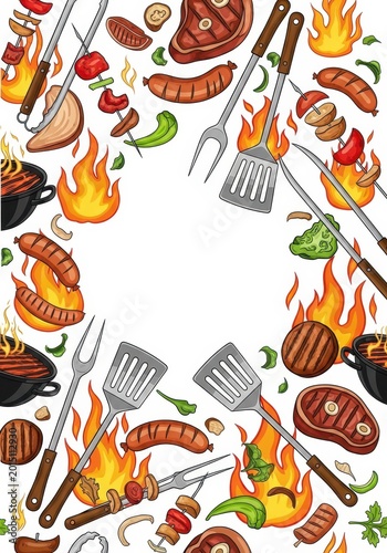 Repeating vector background illustration of barbecue tools, fire flames, and grilled food elements in a rustic style, cooking, repeating surface, abstract