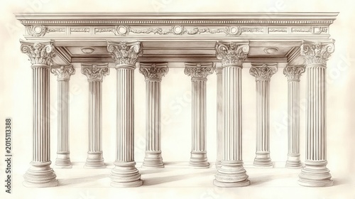 sepia pencil sketch of an ornate colonnade with corinthian columns and entablature, evoking serene classical grandeur