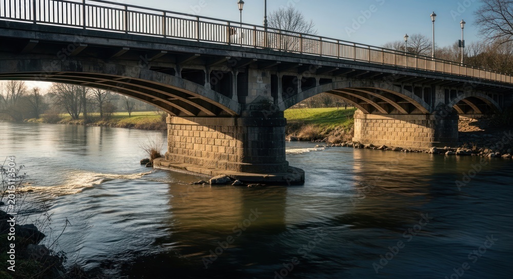 Fototapeta premium Historic Stone Bridge Spanning a Flowing River at Golden Hour.