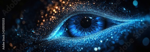 Close-up of a glowing blue eye with intricate iris and black pupil surrounded by shimmering blue glitter and warm gold bokeh, evoking mystery and wonder