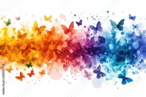 vibrant watercolor rainbow splash with fluttering butterflies conveying joy and freedom