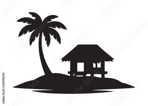 Tropical island silhouette vector with palm tree and beach hut on white background