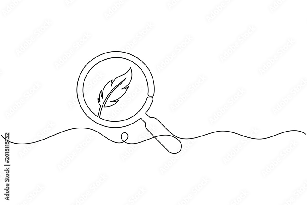Obraz premium Feather Search Icon Continuous One Line Drawing Minimal Magnifying Glass with Quill Outline Vector Illustration