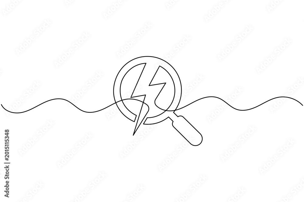 Obraz premium Energy Search Icon Continuous One Line Drawing Minimal Magnifying Glass with Flash Bolt Outline Vector Illustration