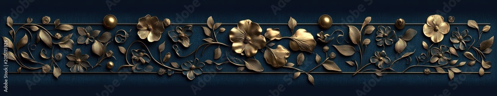 Fototapeta premium ornate golden floral relief panel with intertwined vines, leaves, blossoms, buds and spherical accents on deep blue textured background, evoking elegant luxury