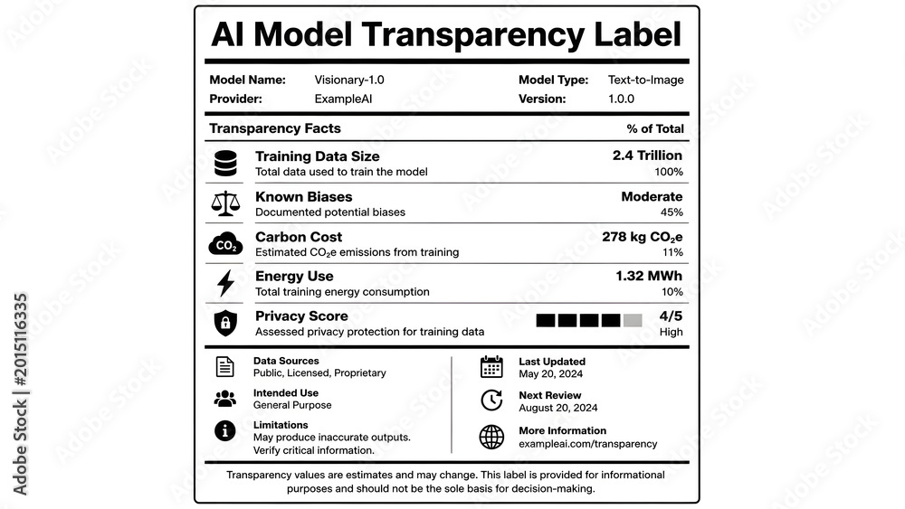 Fototapeta premium A transparency label for an AI model, providing crucial information