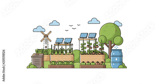 Sustainable urban farming illustration showcasing eco-friendly practices like solar energy, windmill power, rainwater harvesting, and composting in a modern garden setting.