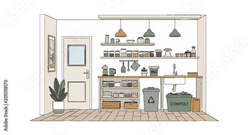 Minimalist eco-friendly kitchen illustration featuring recycling and compost bins, promoting sustainable living, waste reduction, and organized pantry shelves.