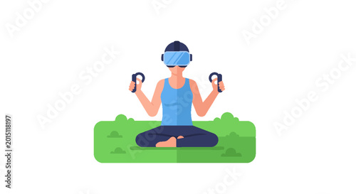 Modern Mindfulness: Woman in Lotus Pose Wearing VR Headset and Holding Controllers for Virtual Reality Meditation Experience