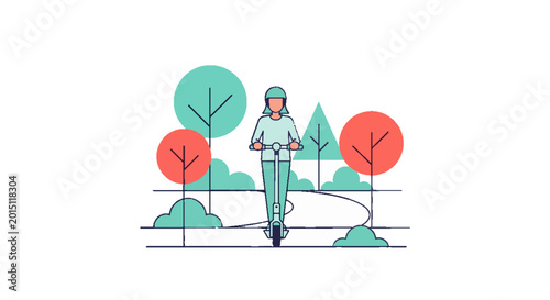 Woman riding an electric scooter in a park. Flat design illustration depicting modern urban transport, sustainable lifestyle, and outdoor leisure activity.