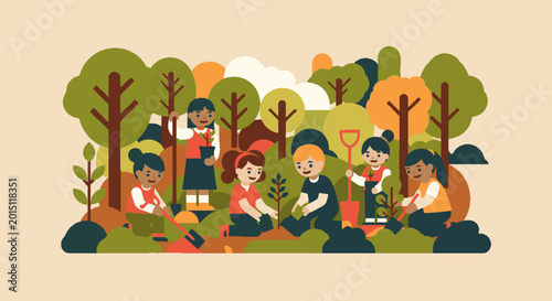 Diverse group of children planting trees and gardening in a park, promoting environmental awareness and teamwork.