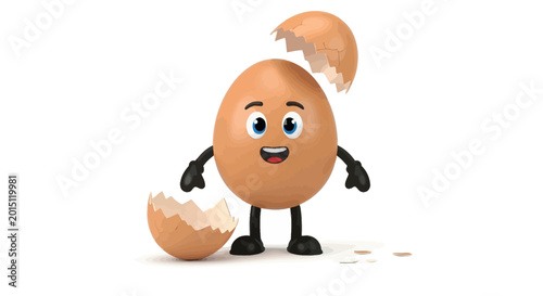Konstfotografi Cute Egg Character Mascot with Broken Shell Isolated on White Background