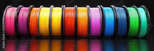 Vibrant row of colorful plastic filament spools on a reflective black surface, evoking a creative and energetic mood