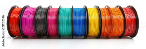 row of colorful 3d printer filament spools on white background, neatly aligned and conveying vibrant creative energy