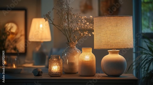 Cozy warm tabletop vignette with glowing ceramic lamps, textured glass candle holder, pottery vases and delicate dried flowers emitting soft ambient light