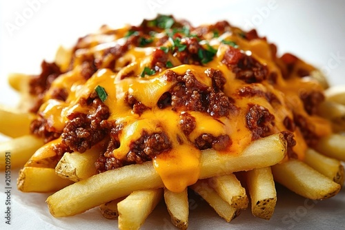 Crispy golden fries piled high with savory chili, gooey melted cheddar cheese and chopped parsley garnish, indulgent comfort food