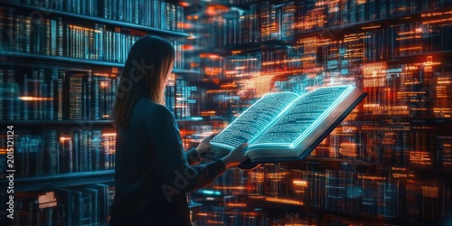 woman in a dim futuristic library holds an open glowing holographic book emitting blue data streams and orange light trails amid rows of bookshelves, eyes filled with wonder