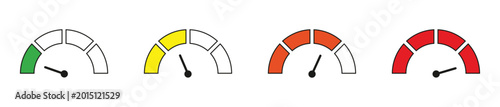 Photos Four colourful indicator gauges displaying levels from low green to high red for