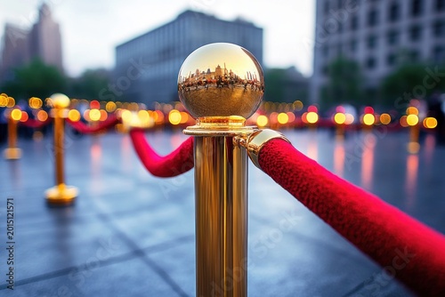 polished gold stanchion with mirrored ball top and red velvet rope across an urban plaza at dusk, warm bokeh lights and blurred buildings conveying glamour and exclusive anticipation