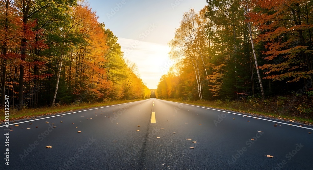 Fototapeta premium Asphalt road through autumn forest landscape.