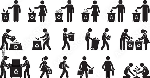 Recycling and waste management silhouette collection for environmental sustainability and eco friendly lifestyle concepts