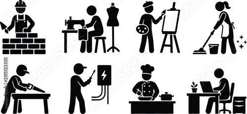 Obraz na płótnie Set of eight black silhouette depicting various professions and activities activ