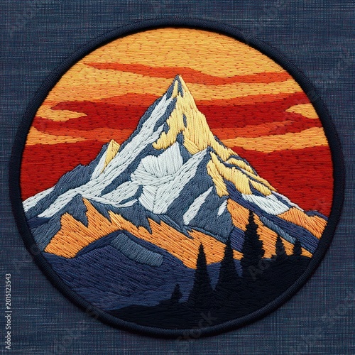 circular embroidered patch showing snow-capped mountain peaks, layered ridges, pine tree silhouettes and a warm orange sunset sky, evoking calm adventure