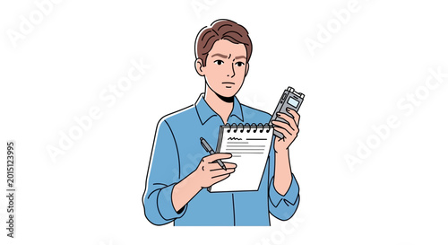 Fotografía Journalist illustration with male reporter holding notepad and voice recorder