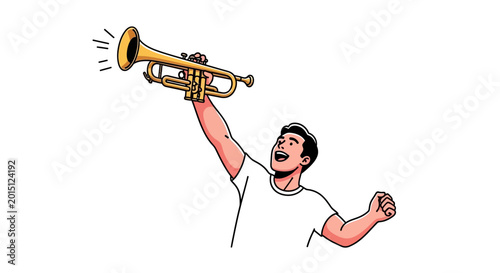 Billede på lærred Excited man holding a trumpet and celebrating