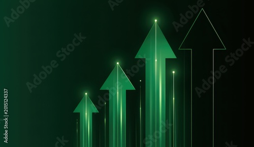 Financial growth arrows ascending on a dark green background with glowing light trails and sharp focus for business success and investment marketing