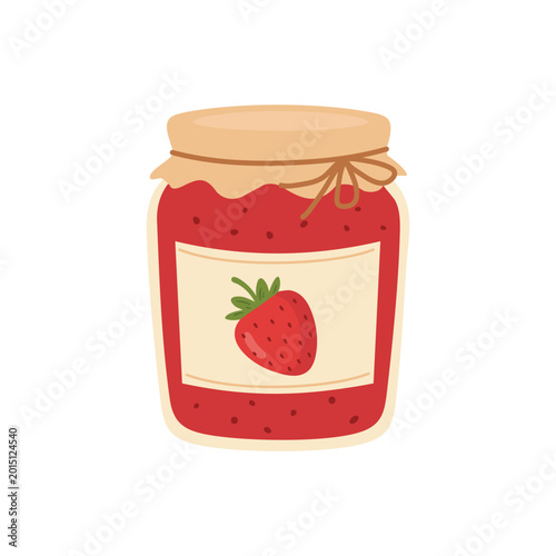 Obraz na plátne Strawberry jam jar in flat style on a white background
