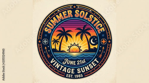 Tableau sur toile Retro summer solstice badge with palm trees at sunset vintage style june 21st tr