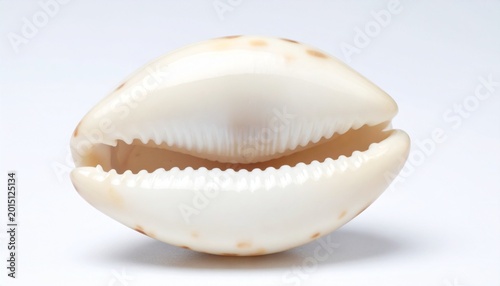 A close‑up of a glossy cowrie shell with creamy white surface and light brown spots, ridged opening and symmetrical oval shape, placed on a plain white background, natural marine texture and elegance.