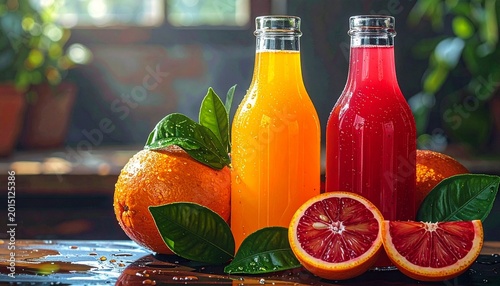 Two glass bottles of fresh orange and blood‑orange juice on a rustic wooden table surrounded by halved oranges and green leaves, warm natural light, vibrant colors, healthy and refreshing composition.