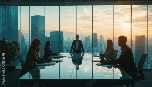 silhouetted team of professionals in a glass-walled conference room with city skyline at sunset, leader standing confidently at the head of the reflective table, focused and determined mood