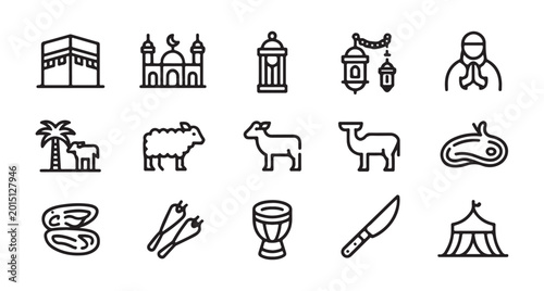 Foto Set of islamic eid al adha line icons featuring kaaba mosque lantern ram sheep camel meat dates drums knife and tent