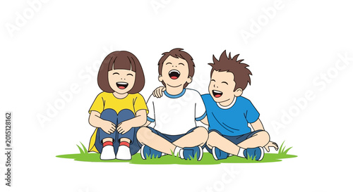 Fotografía Three friends sitting on grass laughing.
